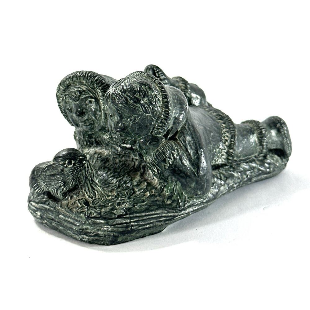 Wolf Originals Canada Inuit Children & Rabbit Sculpture Green Marble Resin